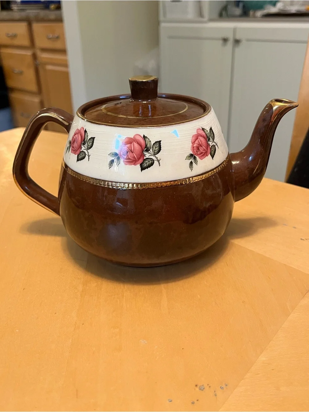 Vintage Arthur Wood Brown Teapot with Pink Rose Band 4.5 Cups